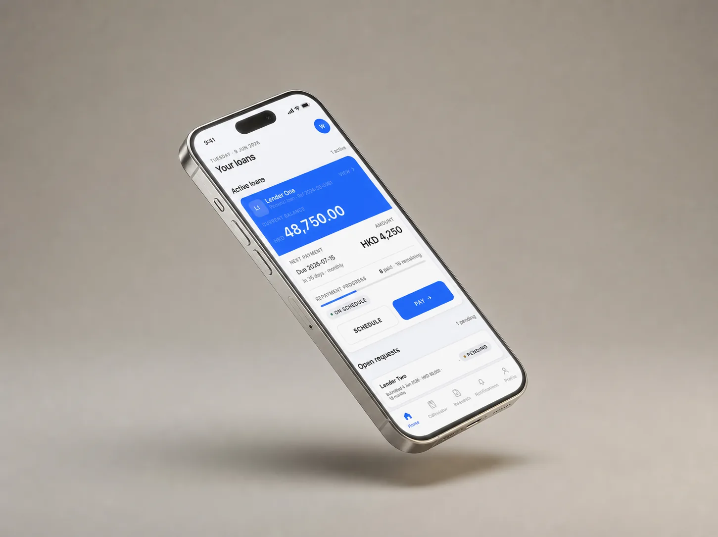 Client mobile app mockup showing active loans, repayment progress, and open requests