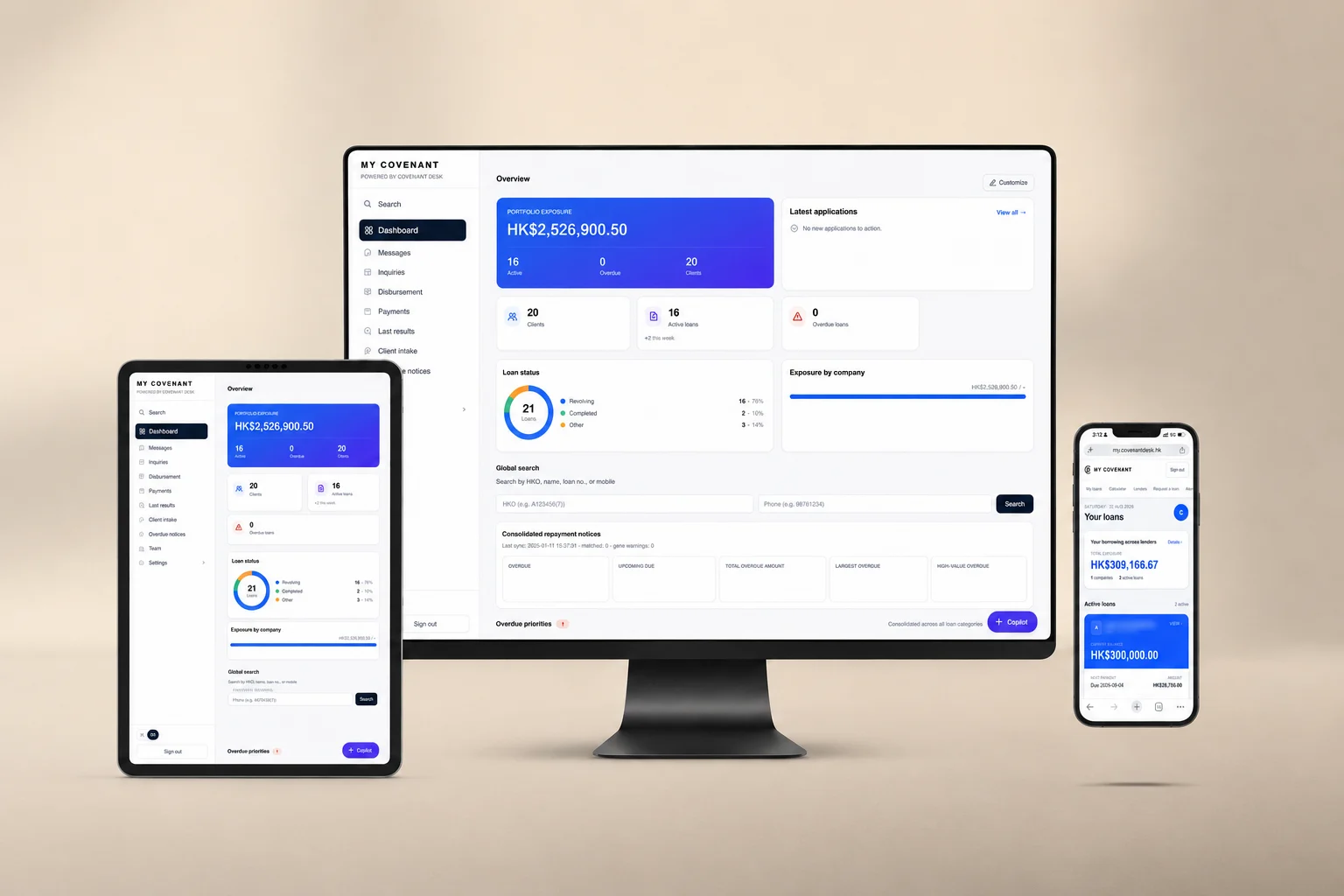 Covenant Desk Lending on a desktop, tablet and phone: the portfolio overview, loan status and global search on the staff portal, and a borrower's own loans on mobile