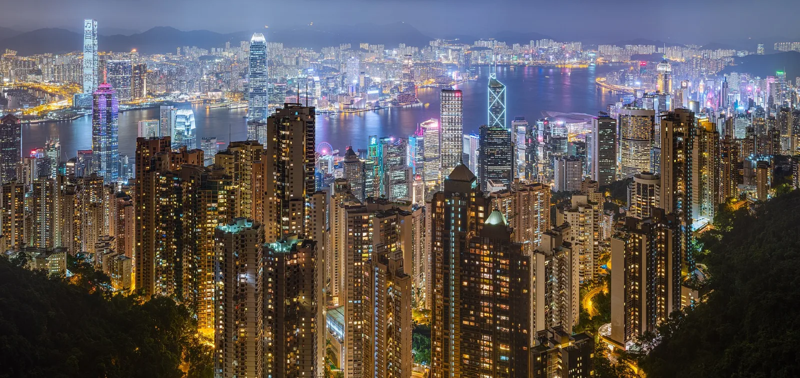 Victoria Harbour and the Hong Kong Island skyline at night