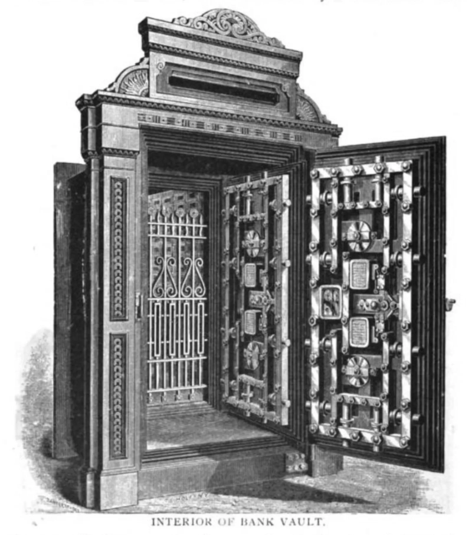 The open steel door of a bank vault